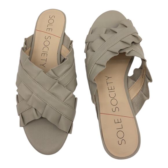 Sole Society Gray Flat Slide Sandals  Leather Ruffle Women's 8  Mandi - Picture 6 of 13